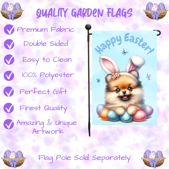 Pomeranian Happy Easter Puppy Garden Flag Eggs Spring Outdoor Yard Lawn Décor 12x18 Inch Single Side and Double Sided