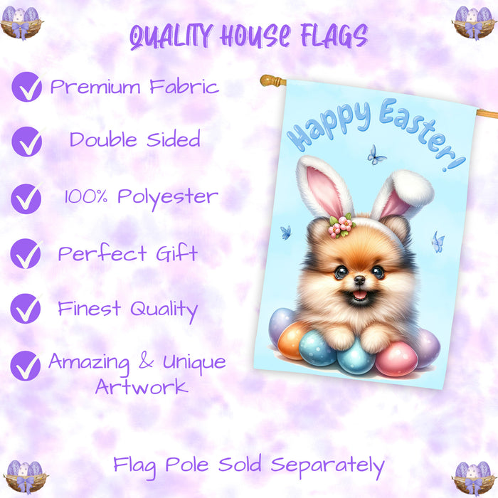 Pomeranian Easter Dog House Flag With Eggs Spring Home Decoration Gifts for Dad 28x40 Inch Double-Sided