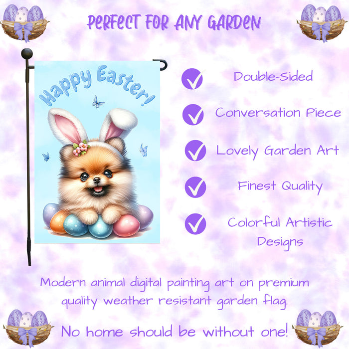 Pomeranian Happy Easter Puppy Garden Flag Eggs Spring Outdoor Yard Lawn Décor 12x18 Inch Single Side and Double Sided