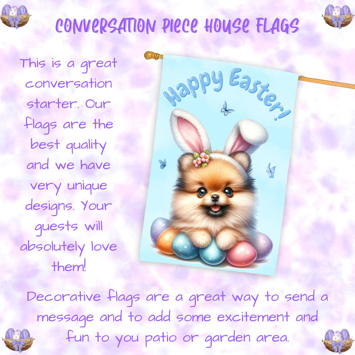 Pomeranian Easter Dog House Flag With Eggs Spring Home Decoration Gifts for Dad 28x40 Inch Double-Sided