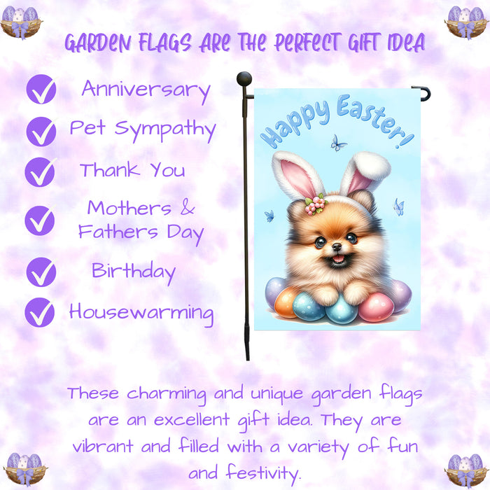Pomeranian Happy Easter Puppy Garden Flag Eggs Spring Outdoor Yard Lawn Décor 12x18 Inch Single Side and Double Sided