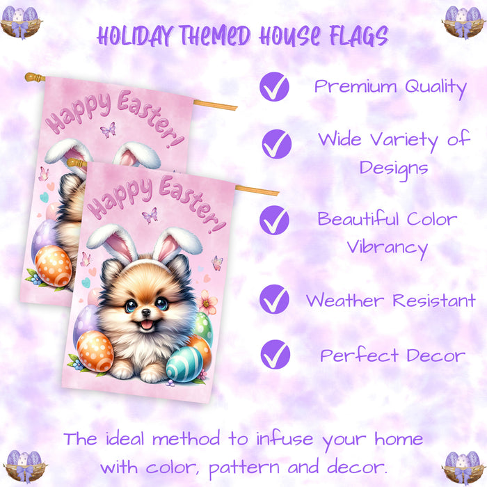Pomeranian Easter Dog House Flag Spring Yard Decorative Banner Gifts for Pet Mom 28x40 Inch Double-Sided