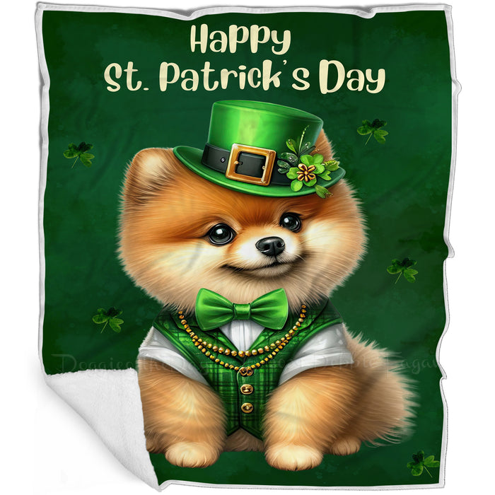 Pomeranian St. Patrick's Irish Dog Blanket, Irish Woof Warmth, Fleece, Woven, Sherpa Blankets, Puppy with Hats, Gifts for Pet Lovers
