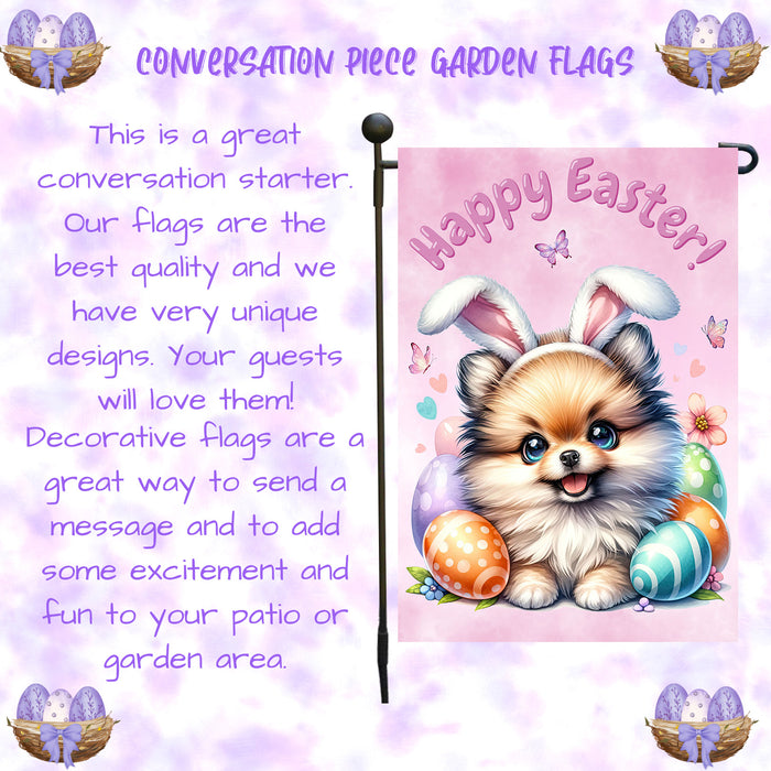 Pomeranian Dog Farmhouse Easter Garden Flag Puppy Eggs Porch Yard Outdoor Décor 12x18 Inch Single Side and Double Sided