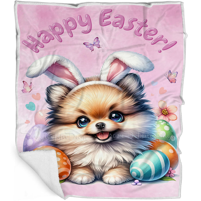 Easter Egg Hunt Pomeranian with Bunny Ears Happy Easter Holiday Blanket, EGHNTBLNKTDG00074