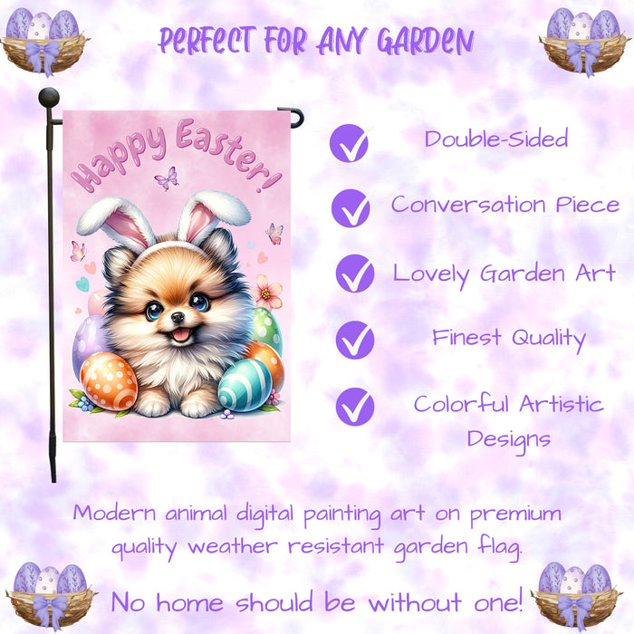 Pomeranian Dog Farmhouse Easter Garden Flag Puppy Eggs Porch Yard Outdoor Décor 12x18 Inch Single Side and Double Sided