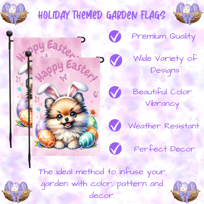 Pomeranian Dog Farmhouse Easter Garden Flag Puppy Eggs Porch Yard Outdoor Décor 12x18 Inch Single Side and Double Sided