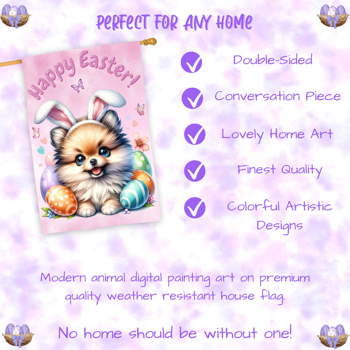 Pomeranian Easter Dog House Flag Spring Yard Decorative Banner Gifts for Pet Mom 28x40 Inch Double-Sided