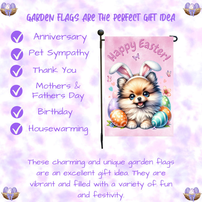 Pomeranian Dog Farmhouse Easter Garden Flag Puppy Eggs Porch Yard Outdoor Décor 12x18 Inch Single Side and Double Sided