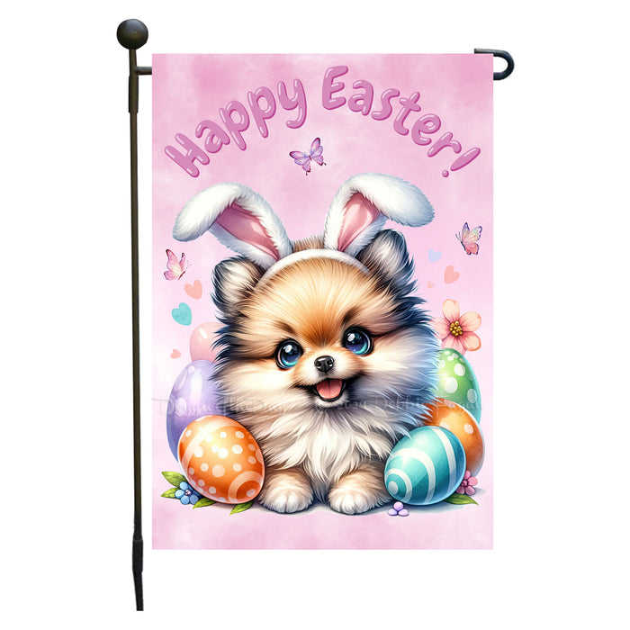 Pomeranian Dog Farmhouse Easter Garden Flag Puppy Eggs Porch Yard Outdoor Décor 12x18 Inch Single Side and Double Sided