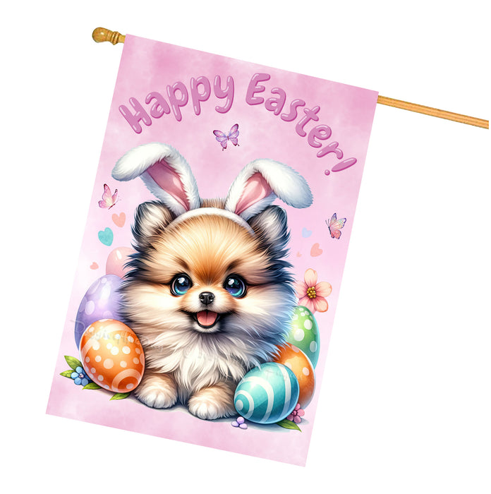 Pomeranian Easter Dog House Flag Spring Yard Decorative Banner Gifts for Pet Mom 28x40 Inch Double-Sided