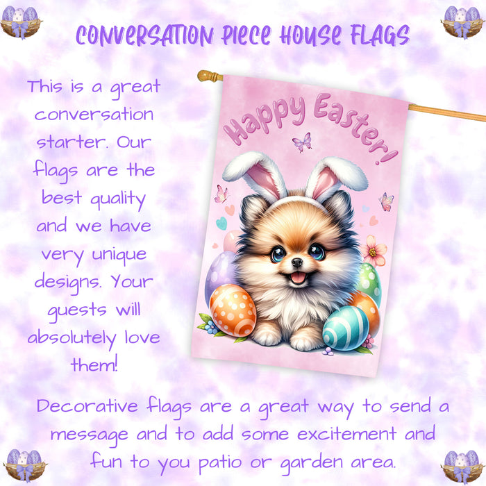 Pomeranian Easter Dog House Flag Spring Yard Decorative Banner Gifts for Pet Mom 28x40 Inch Double-Sided