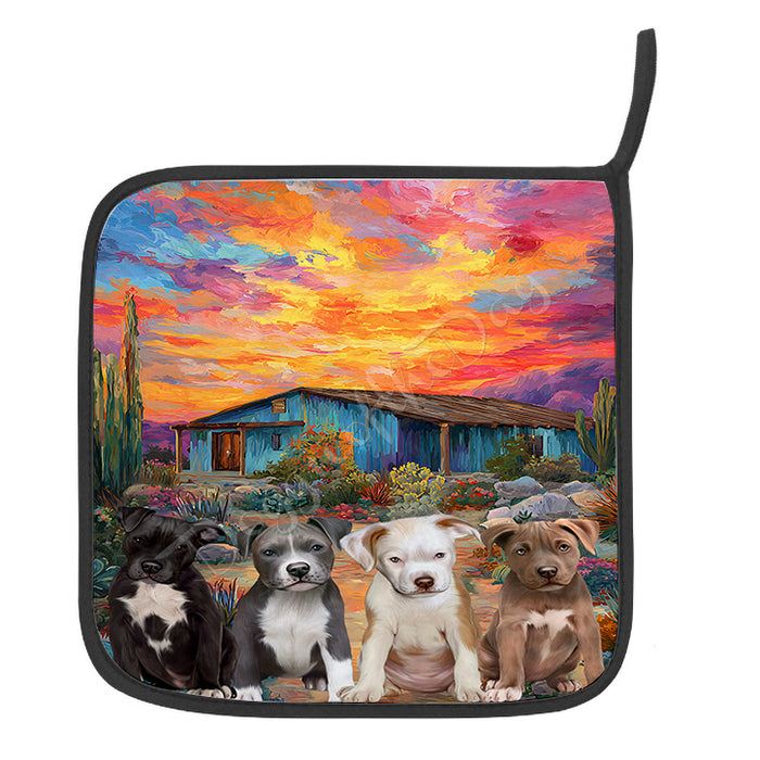 “Sizzle & Snuggles in the Southwest” – Pit Bull & Cactus Oven Mitts + Pot Holder Set: Kitchen Gloves for Cooking with Potholders, Custom, Personalized, Dog Lovers Gift