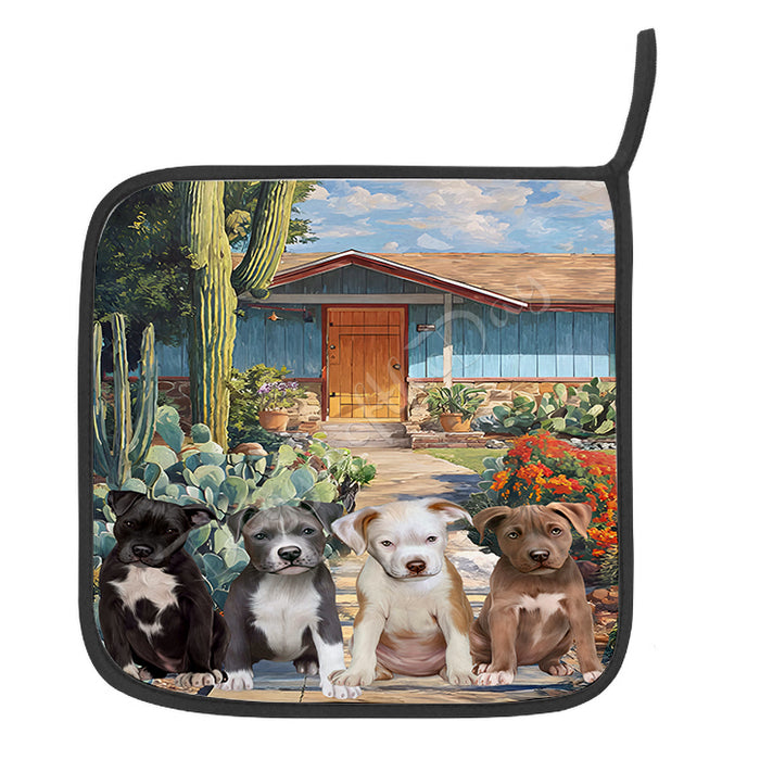 “Barkin’ in the Desert Heat” – Pit Bull Dogs & Cactus Print Oven Mitts + Pot Holder Set: Kitchen Gloves for Cooking with Potholders, Custom, Personalized, Dog Lovers Gift