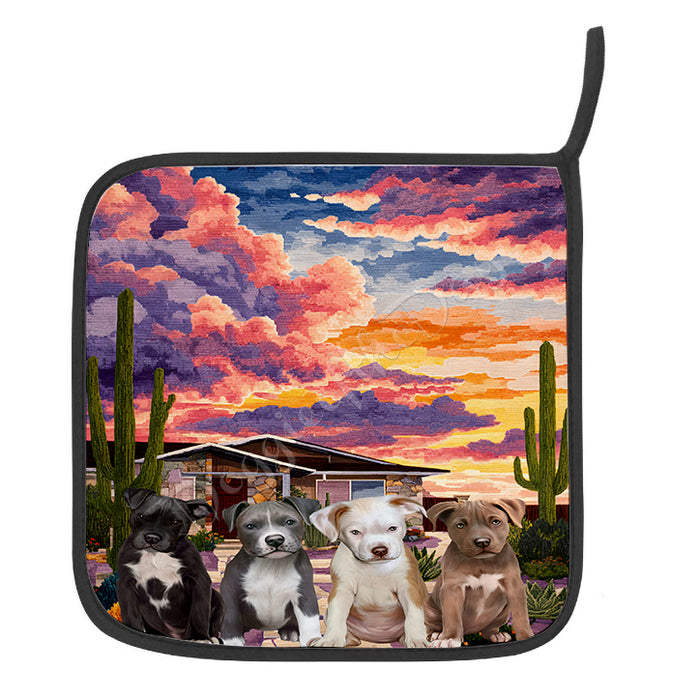 “Cactus Cooks & Canine Looks” – Pit Bull Dogs with Desert Charm Oven Mitts + Pot Holder Set: Kitchen Gloves for Cooking with Potholders, Custom, Personalized, Dog Lovers Gift