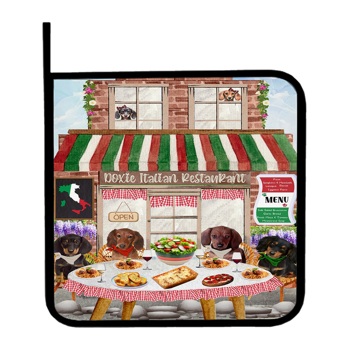 Doxie Italian Restaurant Dachshund Oven Mitts and Pot Holder Set: Kitchen Gloves for Cooking with Potholders, Dog Lovers Gift