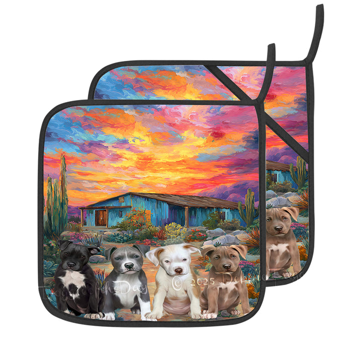 “Sizzle & Snuggles in the Southwest” – Pit Bull & Cactus Oven Mitts + Pot Holder Set: Kitchen Gloves for Cooking with Potholders, Custom, Personalized, Dog Lovers Gift