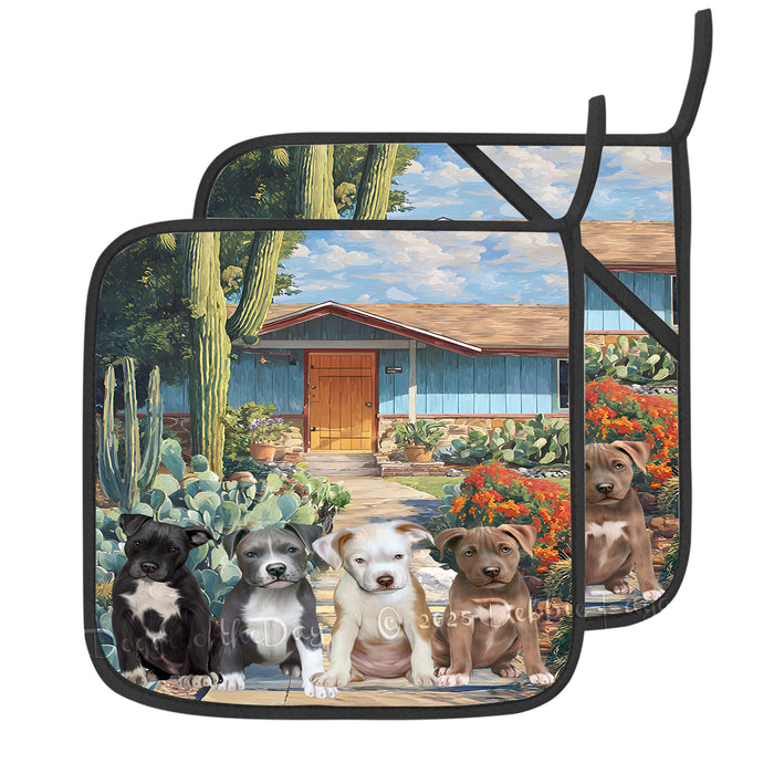 “Barkin’ in the Desert Heat” – Pit Bull Dogs & Cactus Print Oven Mitts + Pot Holder Set: Kitchen Gloves for Cooking with Potholders, Custom, Personalized, Dog Lovers Gift