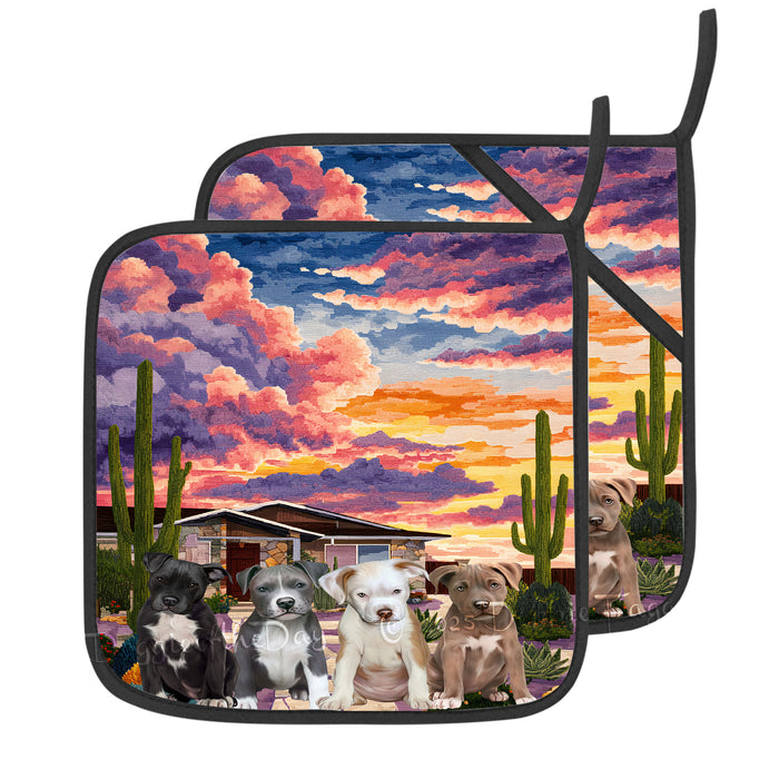 “Cactus Cooks & Canine Looks” – Pit Bull Dogs with Desert Charm Oven Mitts + Pot Holder Set: Kitchen Gloves for Cooking with Potholders, Custom, Personalized, Dog Lovers Gift