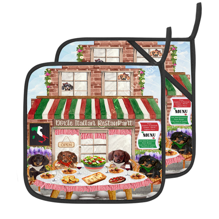 Doxie Italian Restaurant Dachshund Oven Mitts and Pot Holder Set: Kitchen Gloves for Cooking with Potholders, Dog Lovers Gift