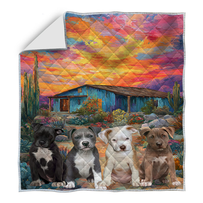 “Desert Snuggles & Doggie Hugs” – Arizona Cactus & Pit Bull Dogs Quilt Bed Coverlet Bedspread Comforter One-side Animal Printing - Soft Lightweight Washable Polyester