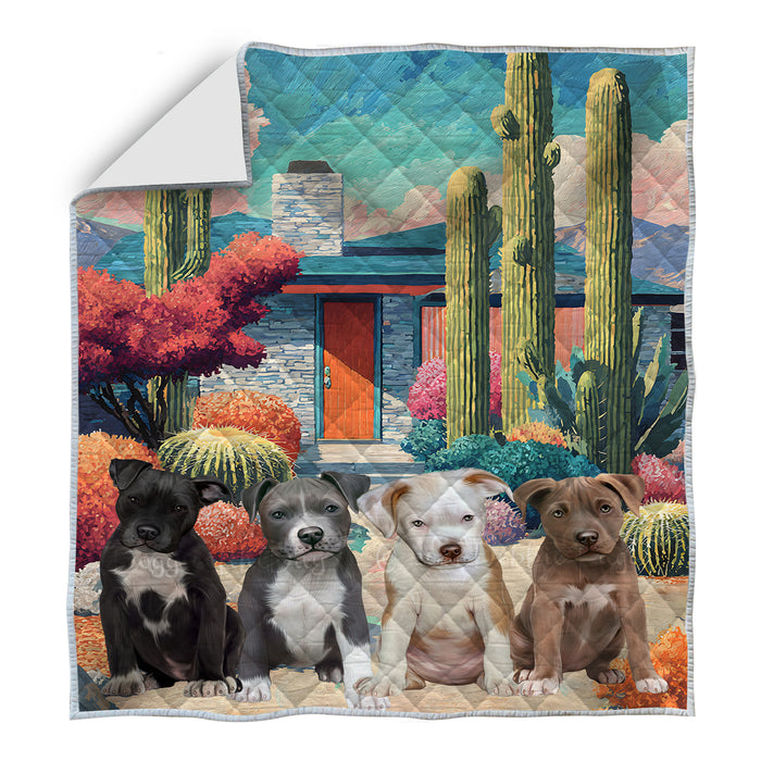 “Prickly Plants & Loyal Paws” – Cozy Southwest Pit Bull Dogs Quilt Bed Coverlet Bedspread Comforter One-side Animal Printing - Soft Lightweight Washable Polyester