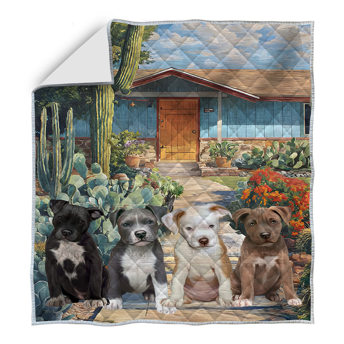 “Cactus Trails & Pit Bull Tails” – Comfort with Desert Charm Quilt Bed Coverlet Bedspread Comforter One-side Animal Printing - Soft Lightweight Washable Polyester