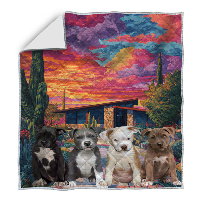 “Bark in the Desert Breeze” – Arizona-Inspired Pit Bull Cactus Quilt Bed Coverlet Bedspread Comforter One-side Animal Printing - Soft Lightweight Washable Polyester