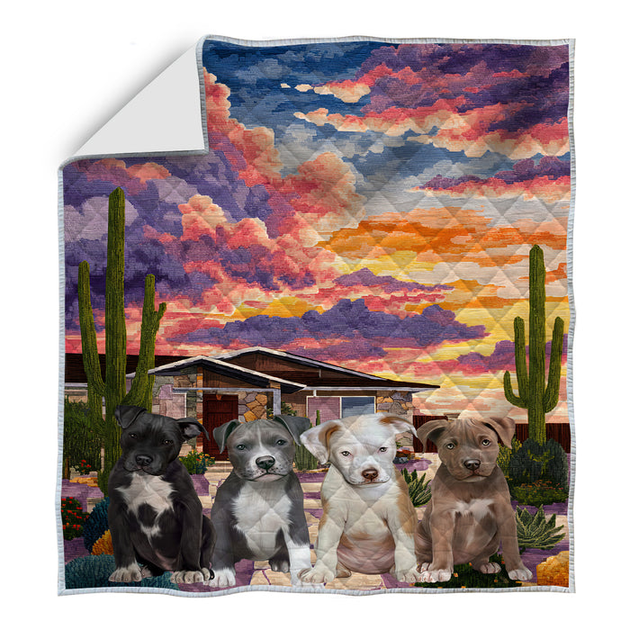 “Wagging Through the Wild West” – Pit Bulls & Cactus Patchwork Quilt Bed Coverlet Bedspread Comforter One-side Animal Printing - Soft Lightweight Washable Polyester