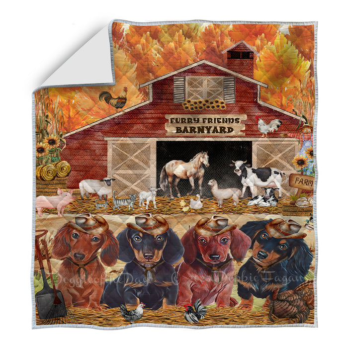 Furry Friends Barnyard Dachshund Dogs Quilt Bed Coverlet Bedspread - Pets Comforter Unique One-side Animal Printing - Soft Lightweight Durable Washable Polyester Quilt