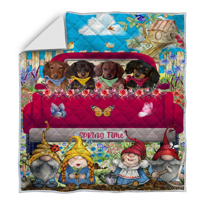 Dachshund Dogs Flower Explosion with Gnomes Pink Truck Basket Quilt Bed Coverlet Bedspread Pillow, Mug, Blanket, Canvas