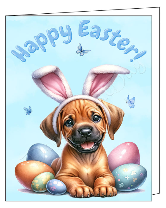 Happy Easter Rhodesian Ridgeback Greeting Cards, Spring Holiday Notecards Blank Inside Envelopes Included, Unique Easter Egg Cards for Dog Lovers