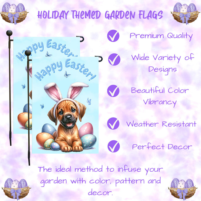 Rhodesian Ridgeback Spring Easter Garden Flag Puppy Eggs Outdoor Yard Decor Gift 12x18 Inch Single Side and Double Sided