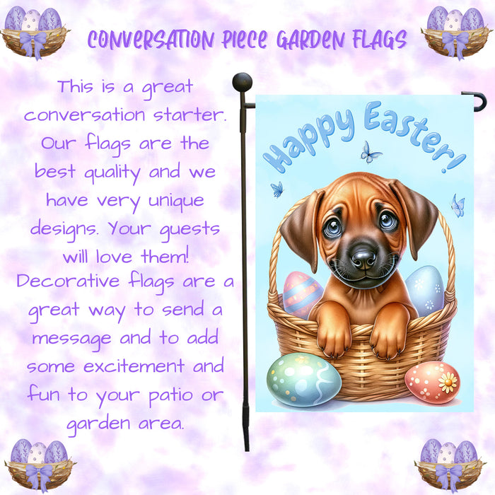 Rhodesian Ridgeback Dog Farmhouse Easter Garden Flag Puppy Eggs Porch Yard Decor 12x18 Inch Single Side and Double Sided