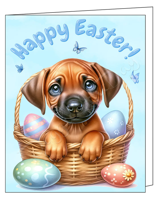 Happy Easter Rhodesian Ridgeback 2 Greeting Cards, Spring Holiday Notecards Blank Inside Envelopes Included, Unique Easter Egg Cards for Dog Lovers