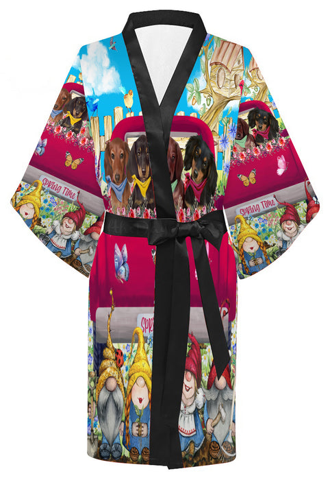 Dachshund Dogs Flower Explosion with Gnomes Pink Truck on Kimono Robe