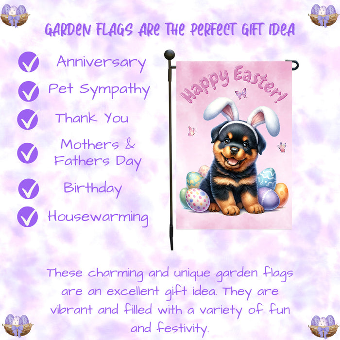 Rottweiler Happy Easter Puppy Garden Flag Eggs Spring Outdoor Yard Lawn Décor 12x18 Inch Single Side and Double Sided