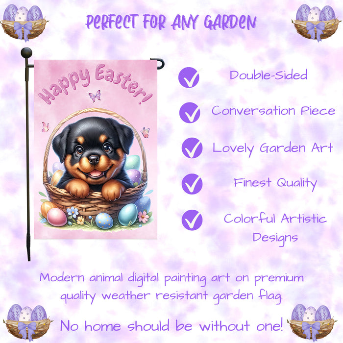 Rottweiler Dog Happy Easter Garden Flag Puppy Eggs Spring Lawn Outdoor Décor 12x18 Inch Single Side and Double Sided