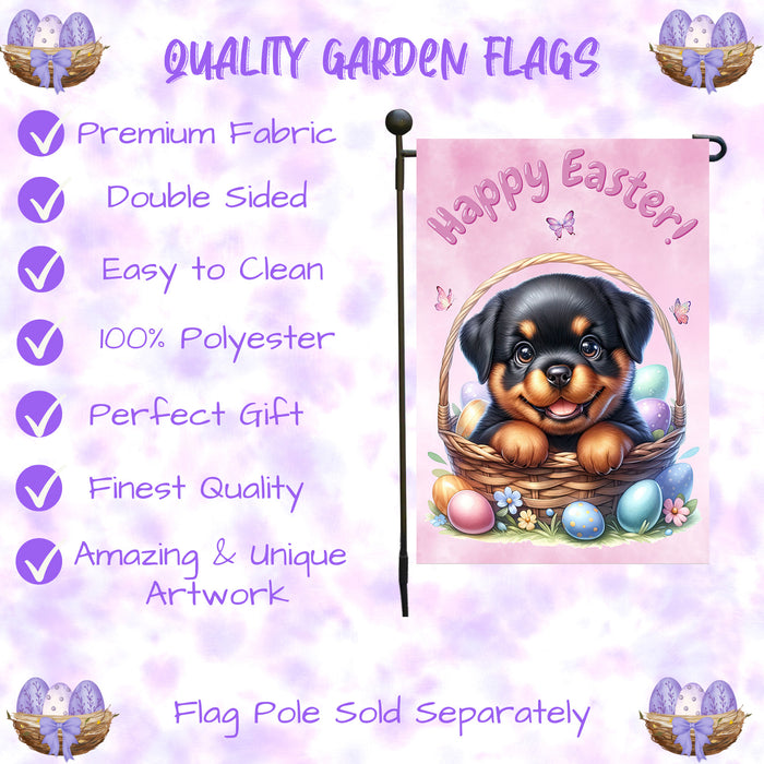 Rottweiler Dog Happy Easter Garden Flag Puppy Eggs Spring Lawn Outdoor Décor 12x18 Inch Single Side and Double Sided