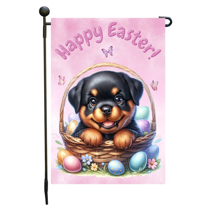 Rottweiler Dog Happy Easter Garden Flag Puppy Eggs Spring Lawn Outdoor Décor 12x18 Inch Single Side and Double Sided