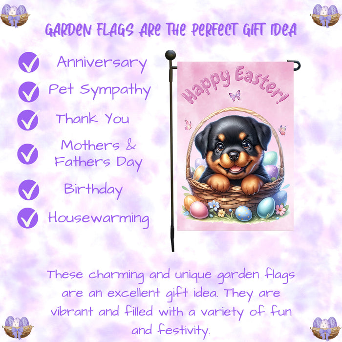 Rottweiler Dog Happy Easter Garden Flag Puppy Eggs Spring Lawn Outdoor Décor 12x18 Inch Single Side and Double Sided