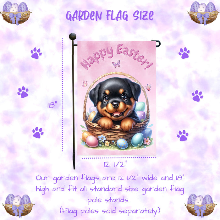 Rottweiler Dog Happy Easter Garden Flag Puppy Eggs Spring Lawn Outdoor Décor 12x18 Inch Single Side and Double Sided