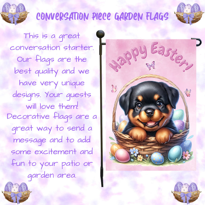 Rottweiler Dog Happy Easter Garden Flag Puppy Eggs Spring Lawn Outdoor Décor 12x18 Inch Single Side and Double Sided