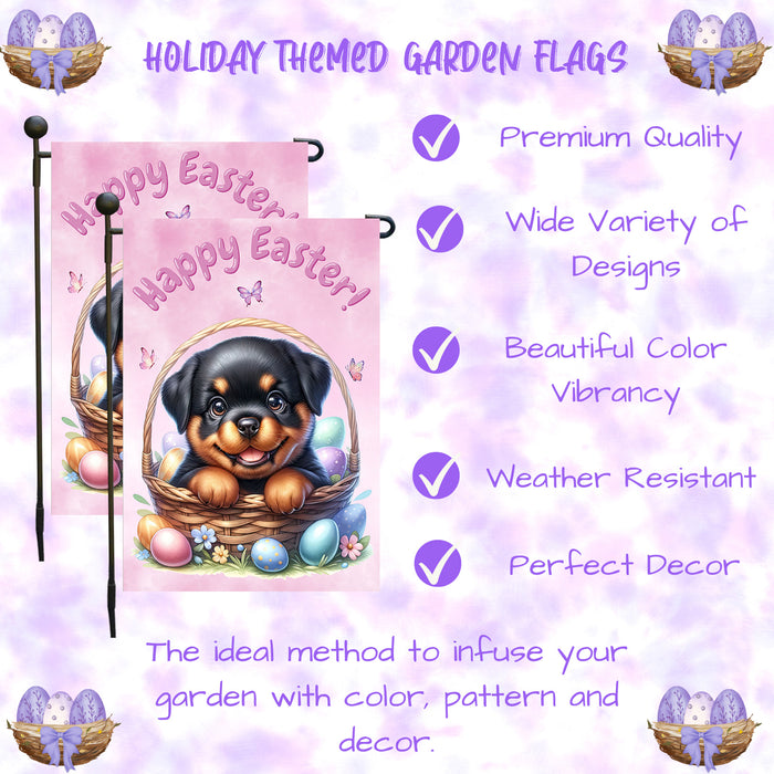 Rottweiler Dog Happy Easter Garden Flag Puppy Eggs Spring Lawn Outdoor Décor 12x18 Inch Single Side and Double Sided