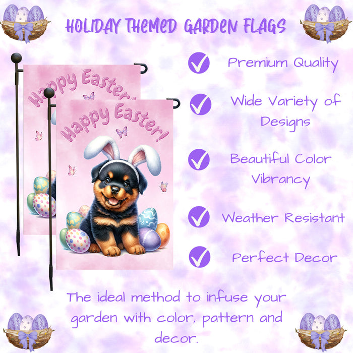 Rottweiler Happy Easter Puppy Garden Flag Eggs Spring Outdoor Yard Lawn Décor 12x18 Inch Single Side and Double Sided