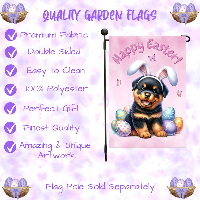 Rottweiler Happy Easter Puppy Garden Flag Eggs Spring Outdoor Yard Lawn Décor 12x18 Inch Single Side and Double Sided