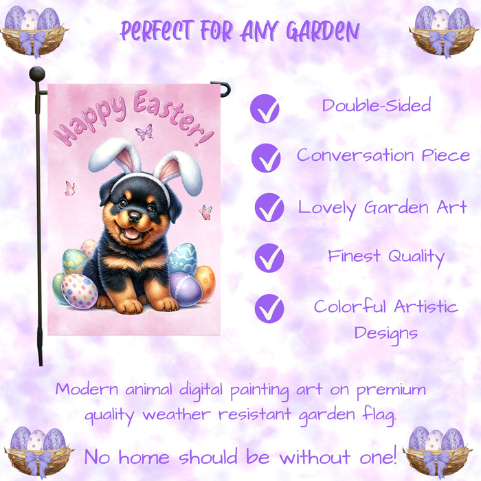 Rottweiler Happy Easter Puppy Garden Flag Eggs Spring Outdoor Yard Lawn Décor 12x18 Inch Single Side and Double Sided