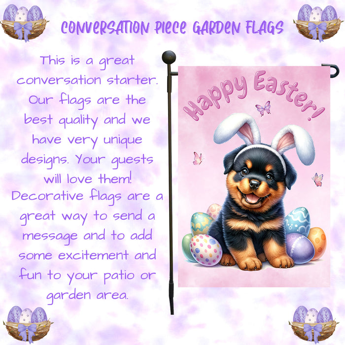 Rottweiler Happy Easter Puppy Garden Flag Eggs Spring Outdoor Yard Lawn Décor 12x18 Inch Single Side and Double Sided