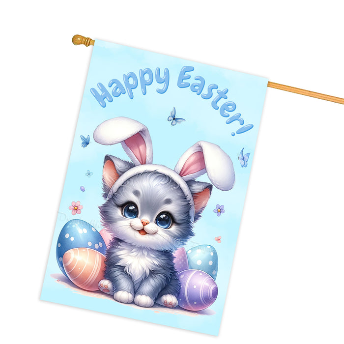 Happy Easter Russian Blue Cat, Egg Hunt House Flags for Home Decorations - Double Sided Yard Lawn Easter Festival Decorative Gift - Holiday Cats Flag Decor 28"w x 40"h, EGHNT00048