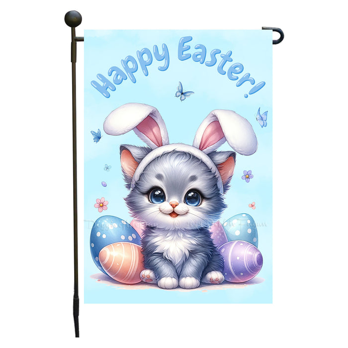 Easter Russian Blue Cat Garden Flag, Cute Happy Easter, Egg Hunt Basket, Personalized Double Sided Flag Yard Outdoor Decoration, EGHNT00048